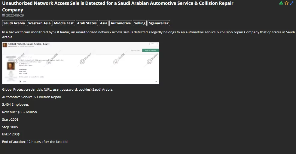 On 29 August 2022, a hacker forum monitored by SOCRadar Analysts started auctioning an