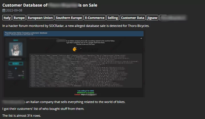 On 8 September, a hacker forum monitored by SOCRadar Analysts shared a database sale that