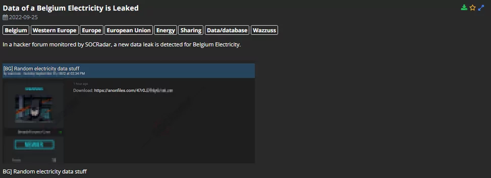 SOCRadar detected a database leak of a Belgian power company on a hacker forum on 25