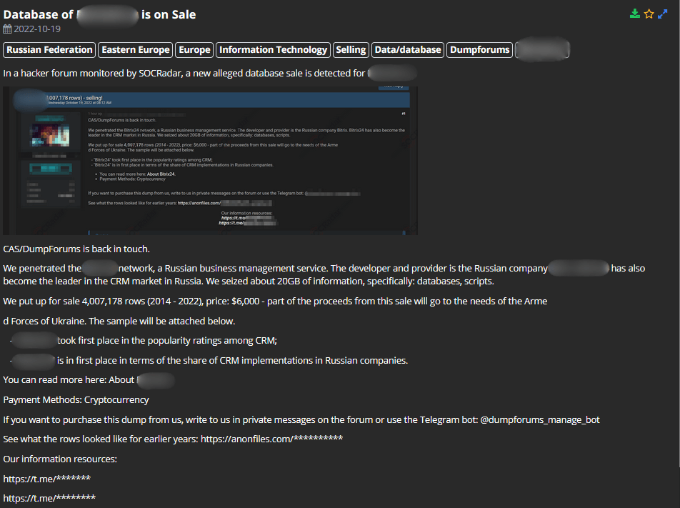 On 19 October, SOCRadar noticed a new alleged Russian CRM software database leaked. The