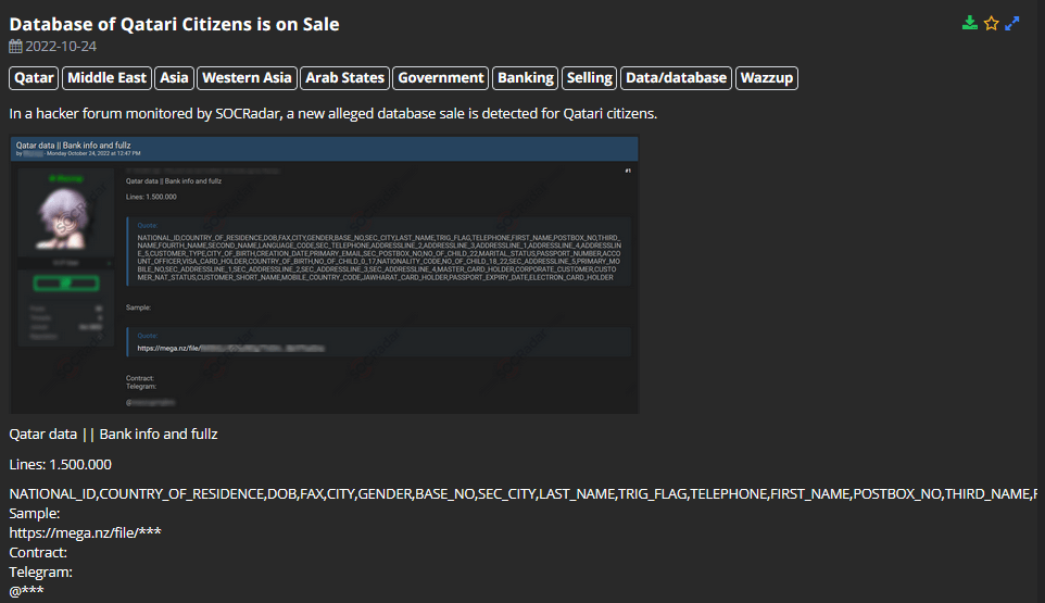 On 24 October 2022, an announcement was posted in a hacker forum that the SOCRadar Dark