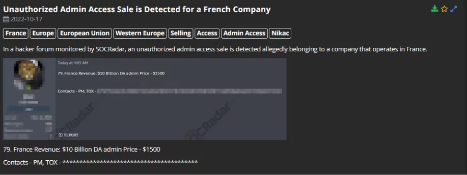 SOCRadar detected a new alleged authorized network access sale for a company that