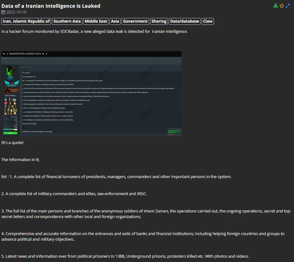 On 10 October 2022, a leak was posted in a hacker forum that the SOCRadar regularly