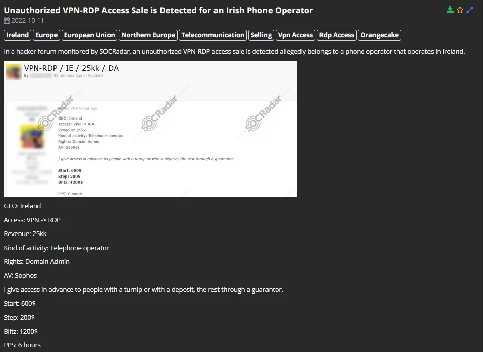 SOCRadar detected an unauthorized access sale of an Irish telecommunication company on