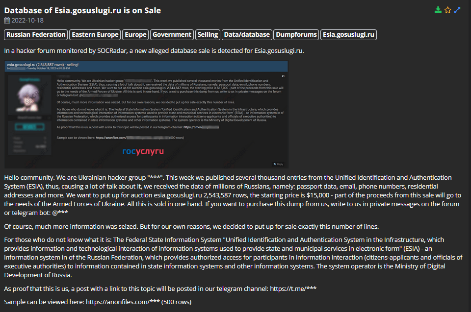 On 18 October, SOCRadar noticed that a new post about the alleged Russian Unified