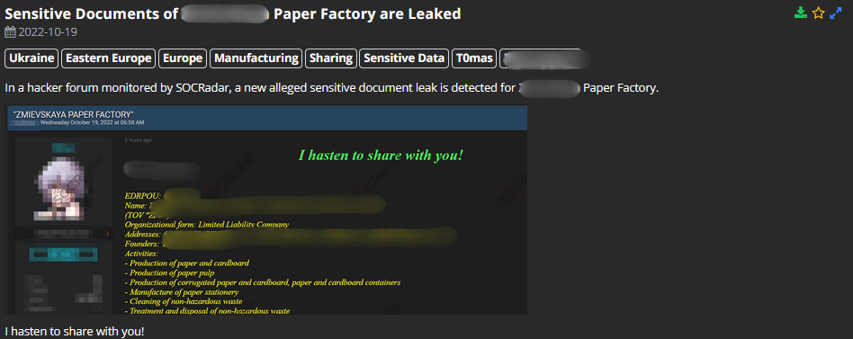 On 19 October, SOCRadar noticed that new alleged sensitive documents of a paper factory