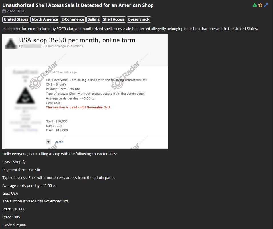 SOCRadar researchers have found a post on a dark web forum that sells unauthorized shell