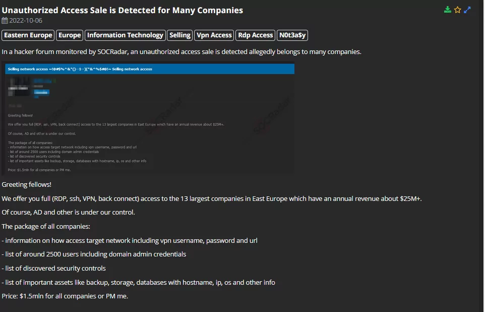 On 12 October 2022, a hacker forum monitored by SOCRadar Analysts posted a sale. The sale