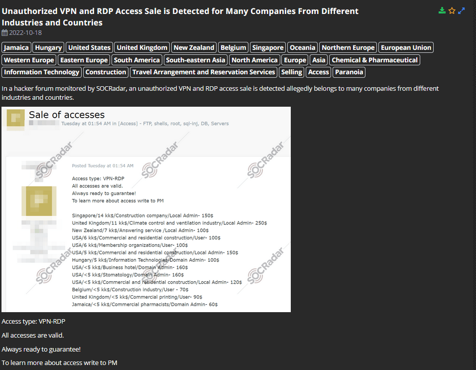 SOCRadar detected a new alleged authorized network access sale post in a hacker forum on
