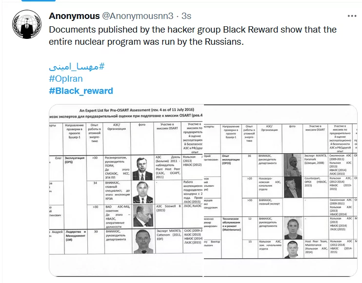Figure 9, Anonymous' tweet about the documents, says Russian officials are at key points in the nuclear program.