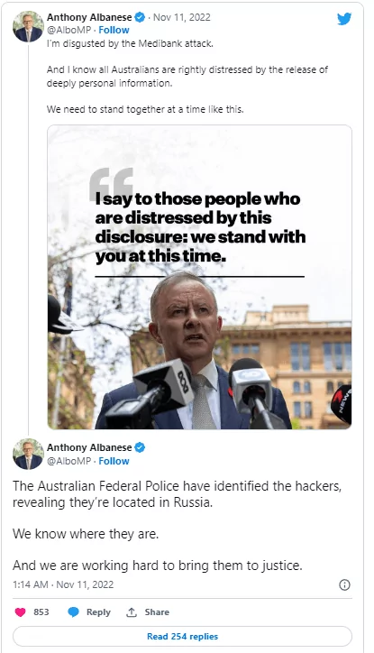 Australian Prime Minister Anthony Albanese tweeted about the Medibank incident.