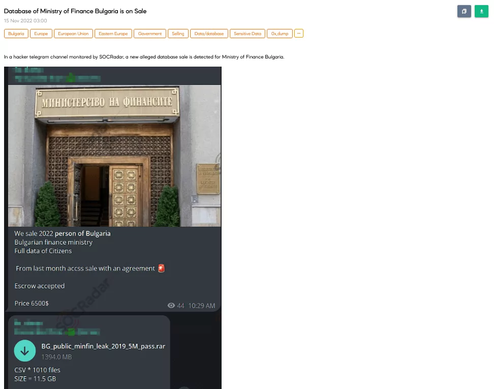 A database of Bulgarian citizens was found on a Telegram channel by the SOCRadar Dark Web
