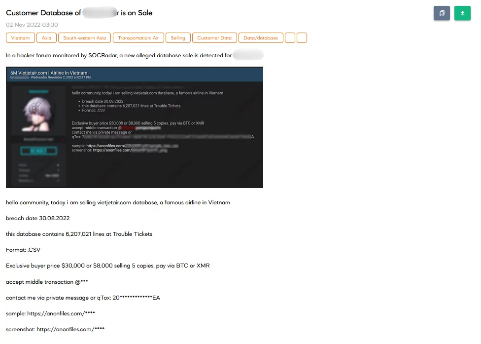 SOCRadar Dark Web researchers have found a database sale about Vietnamese aviation