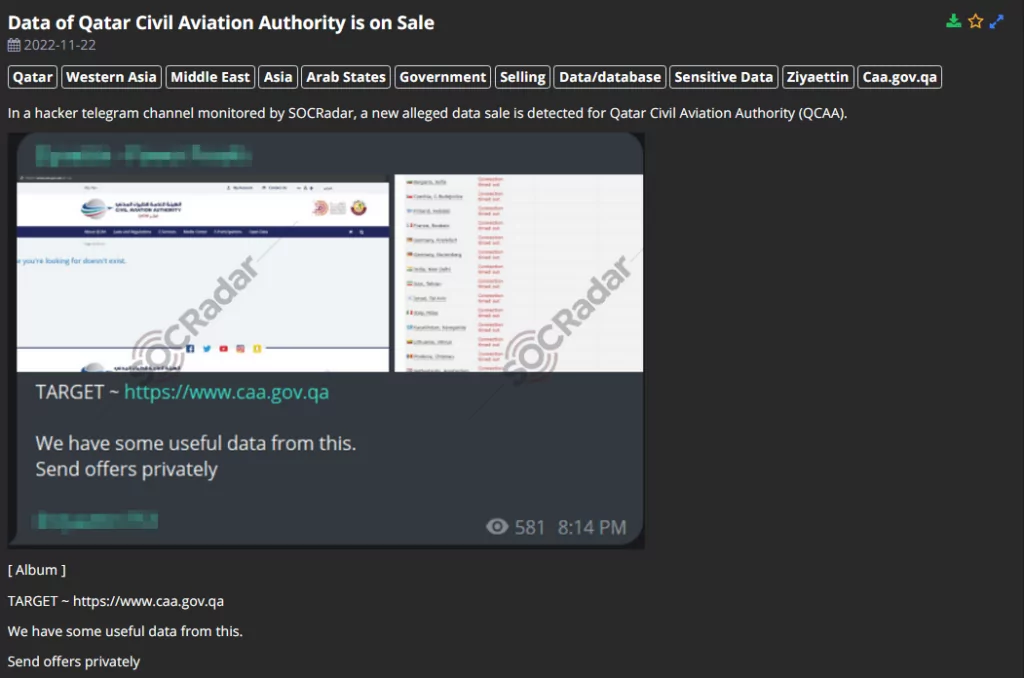 On 22 November 2022, an announcement was posted in a Telegram channel that the SOCRadar