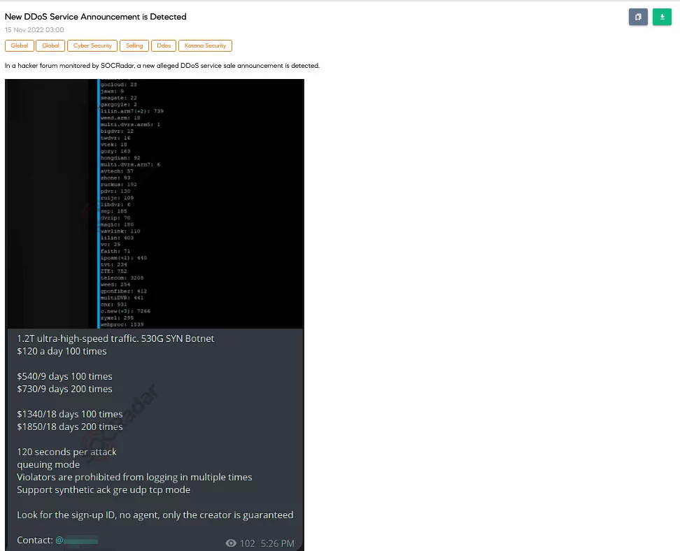 SOCRadar Dark Web Team has found a DDoS Service Sale on a Telegram Channel. Different