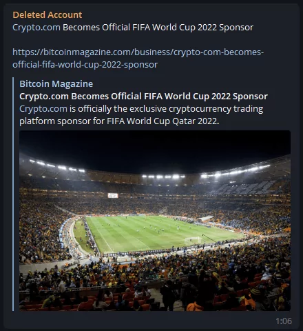 A news post about crypto.com becoming Official FIFA World Cup 2022 Sponsor (https://t.me/c/1589402651/45162)