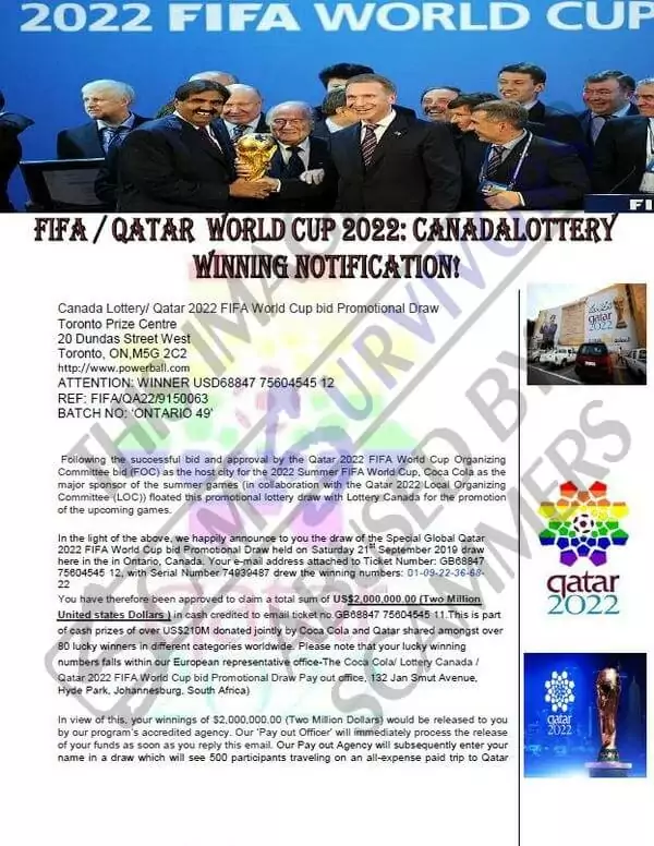 Another Lottery Scam Email Sample Related to FIFA World Cup 2022 Qatar (www.scamsurvivors.com)