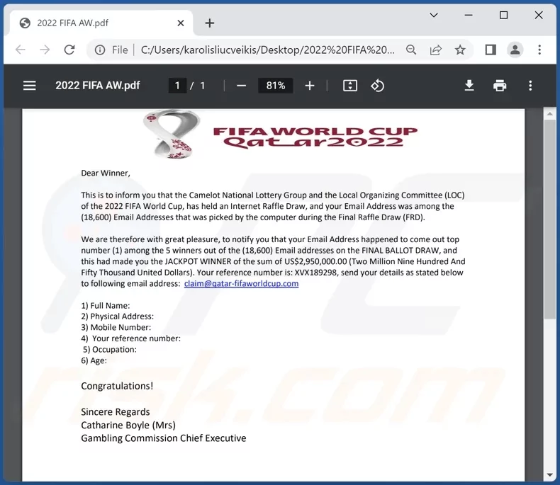 Phishing document sent for stealing PIIs (Personally Identifiable Information) (pcrisk.com)