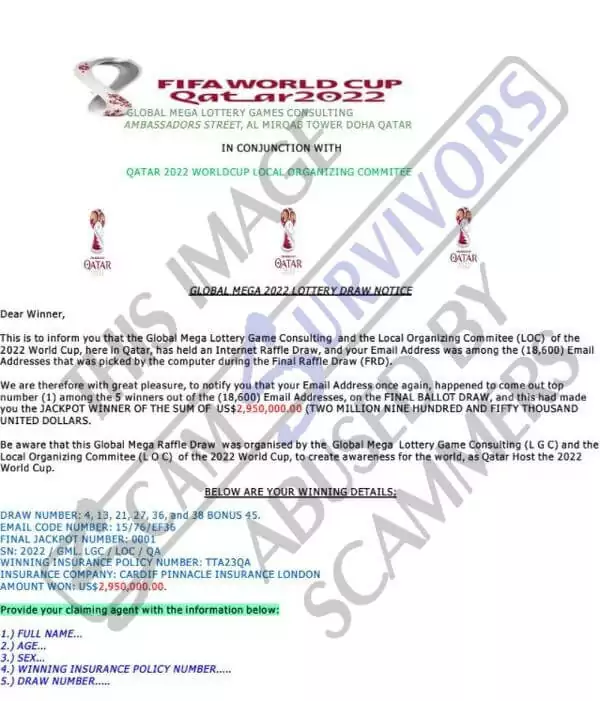 Lottery Scam Email Sample Related to FIFA World Cup 2022 Qatar (www.scamsurvivors.com)
