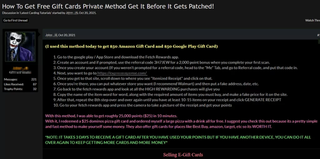 A dark web post describing e-gift carding methods. (Source: SOCRadar)