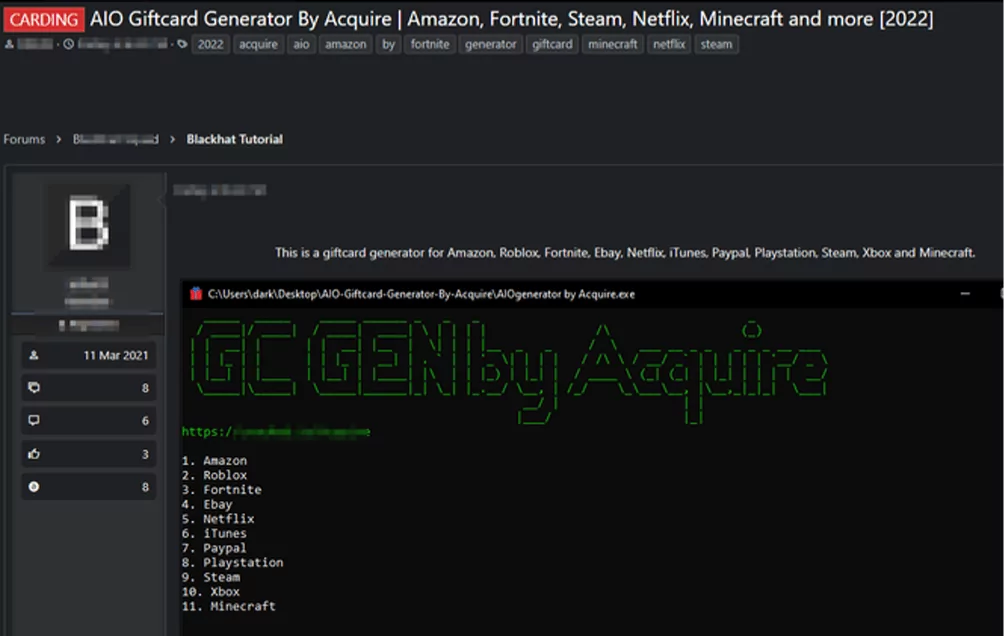 A gift card code generator post on the dark web. (Source: SOCRadar)