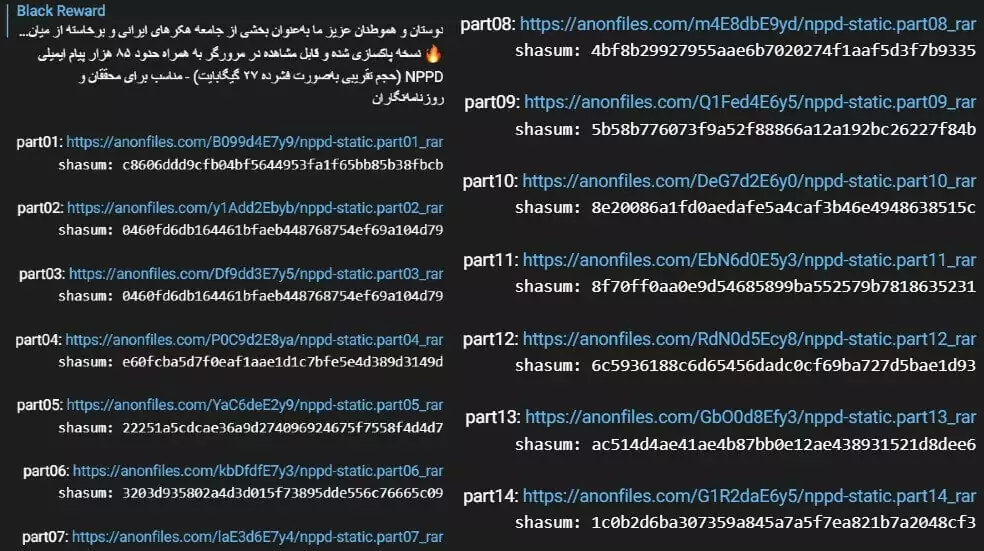 Figure 7, Black Reward leaked 50GB of data on their Telegram channel. The whole leak consists of 14 parts.