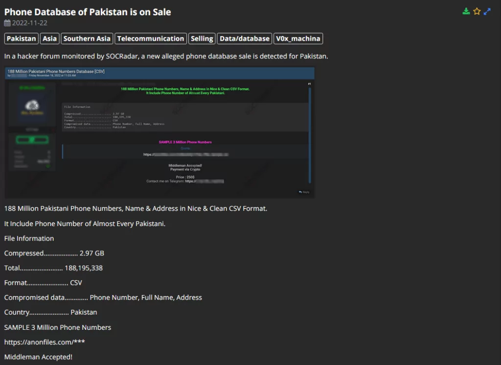 On 22 November 2022, SOCRadar Dark Web Researchers found a Database sale that included