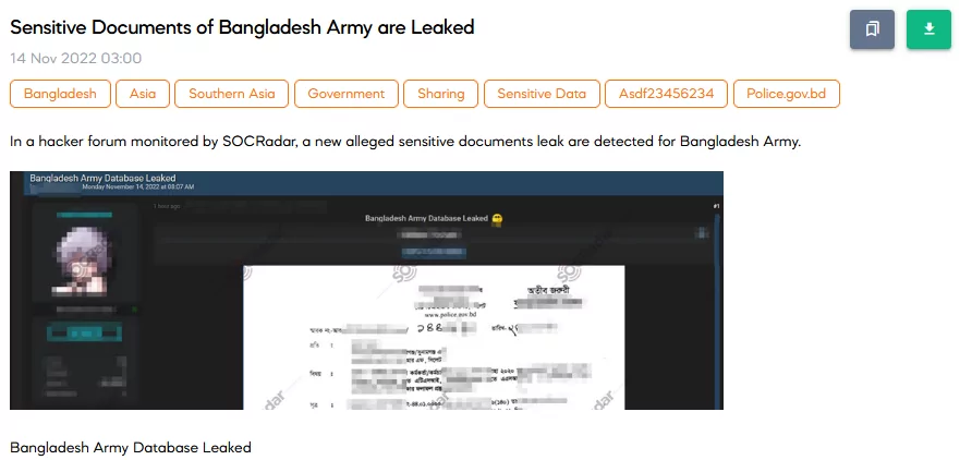 SOCRadar Dark Web Team has found a new post on a hacker forum that shares Bangladesh Army