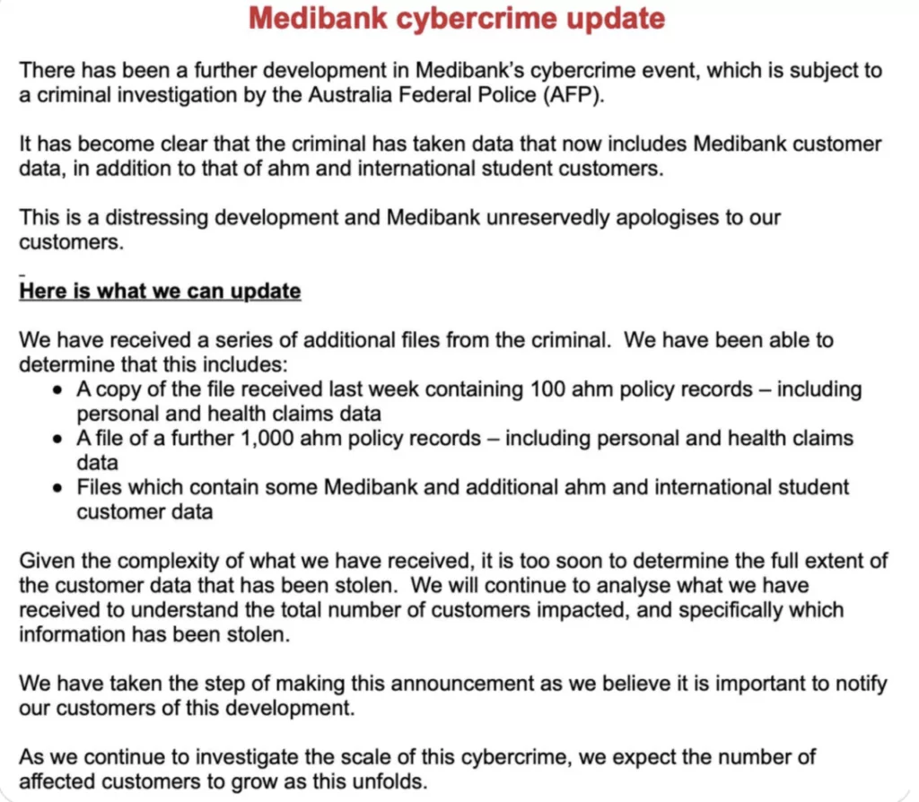 The statement of Medibank on October 25th