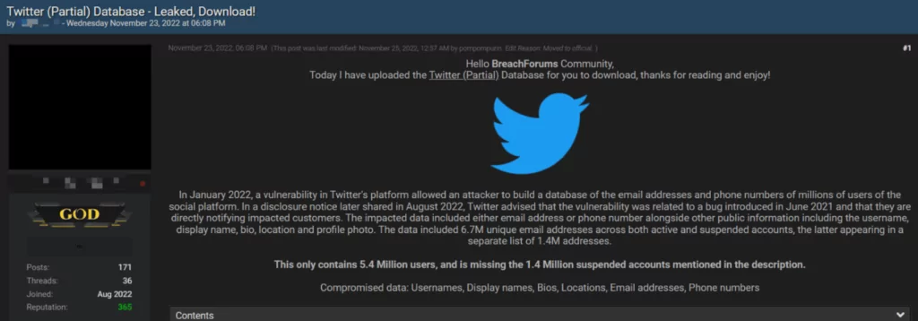 Twitter data leak post on a hacker forum. (Source: SOCRadar)