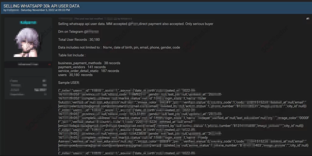 WhatsApp user data sale detected by SOCRadar.