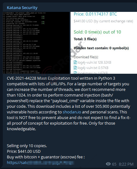 Log4Shell mass exploitation tool Telegram sale post (Source: SOCRadar)