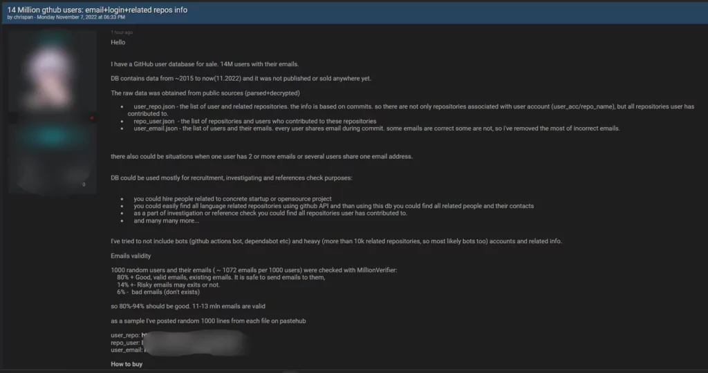 SOCRadar DarkWeb Team has spotted: Threat actor put 14 million allegedly stolen GitHub users and repositories information up for sale on hacker forums. (Source: SOCRadar) 