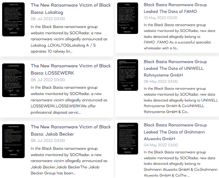 SOCRadar Dark Web team spots victims on Black Basta's leak site they monitor.