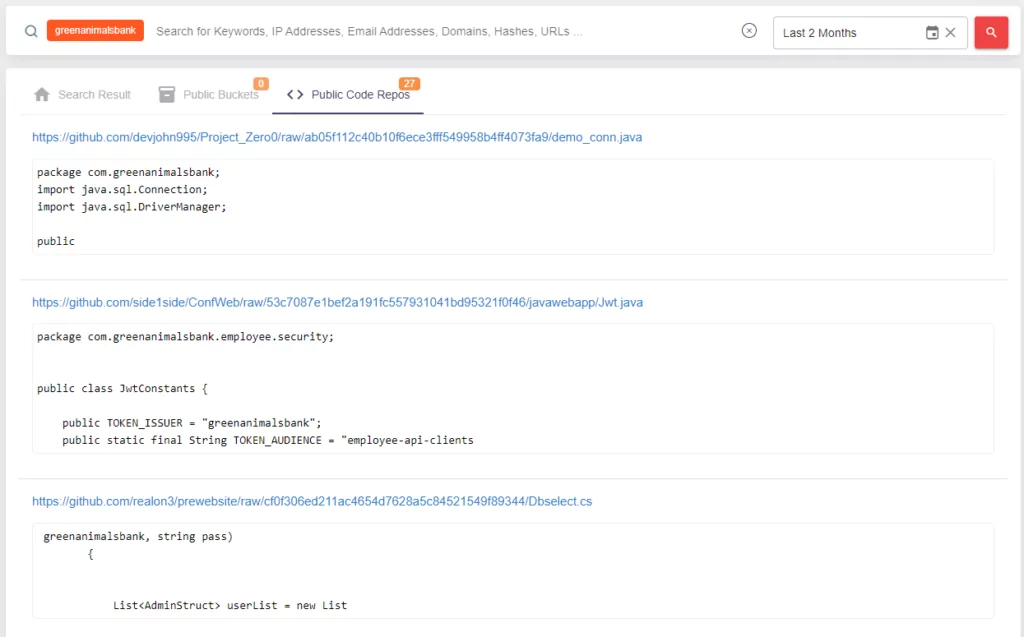 SOCRadar Platform’s Threat Hunting tab may help you to scan GitHub repositories for keywords, IP addresses, domains, and more. 