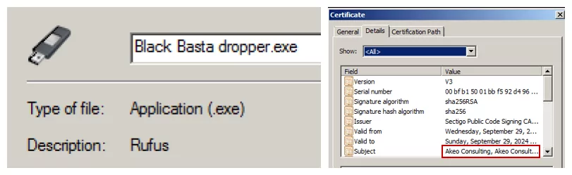 Dropper mimics the USB bootable drives on the left and the dropper's spoofed certificate on the right. (Source: Checkpoint)