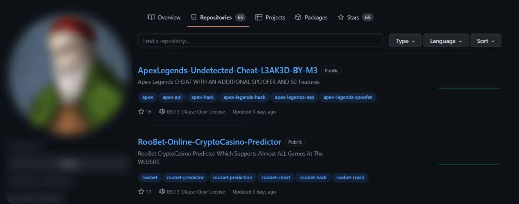 Threat actor’s GitHub profile. 