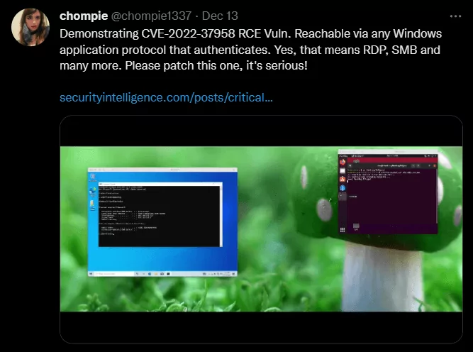 IBM researcher tweets about CVE-2022-37958 (Source: Twitter)