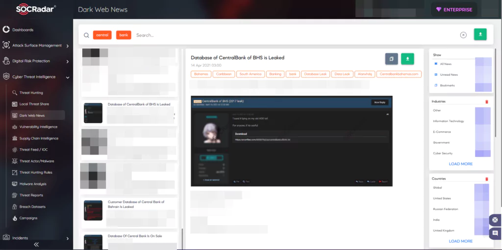 SOCRadar’s CTI panel that shares Dark Web findings