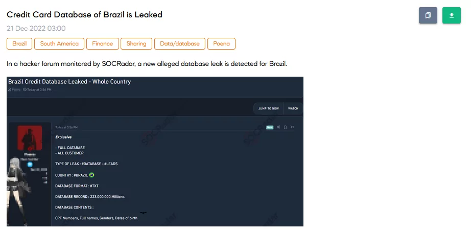 On 21 December, a vending post was detected by SOCRadar. The post notifies the dark web