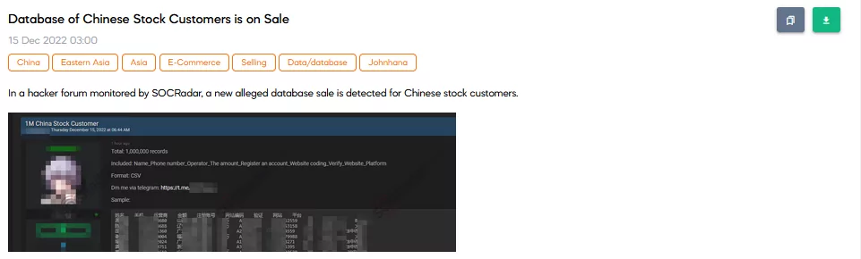 On 15 December, SOCRadar found a database containing information about Chinese stock