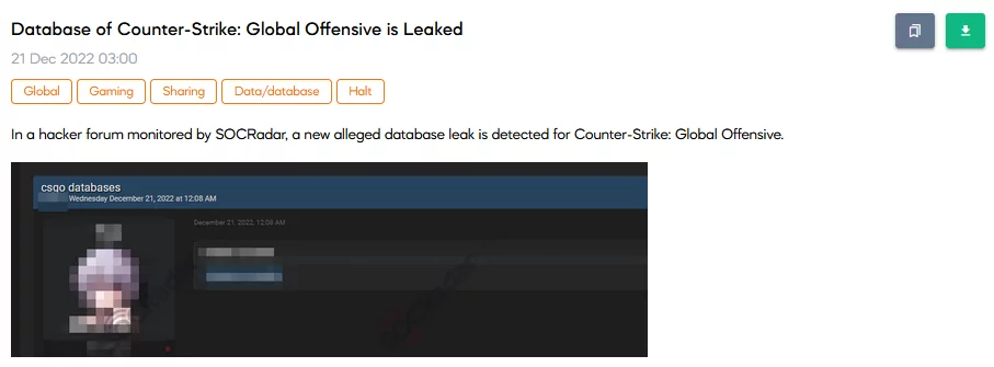 SOCRadar has noticed a data leak about Counter-Strike: Global Offensive, a popular