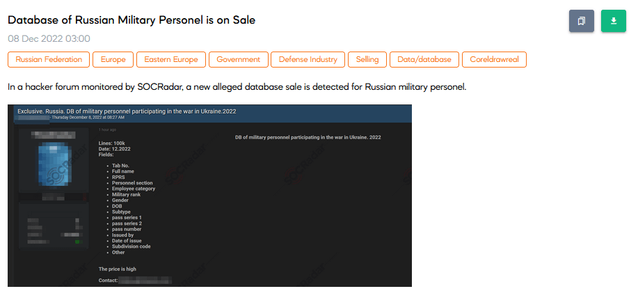 SOCRadar Dark Web Team has found a hacker forum post that sells personally identifiable