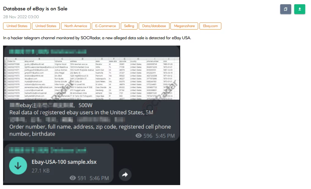 On 28 November, SOCRadar found a database sale of about 5M eBay users in the U.S. on a