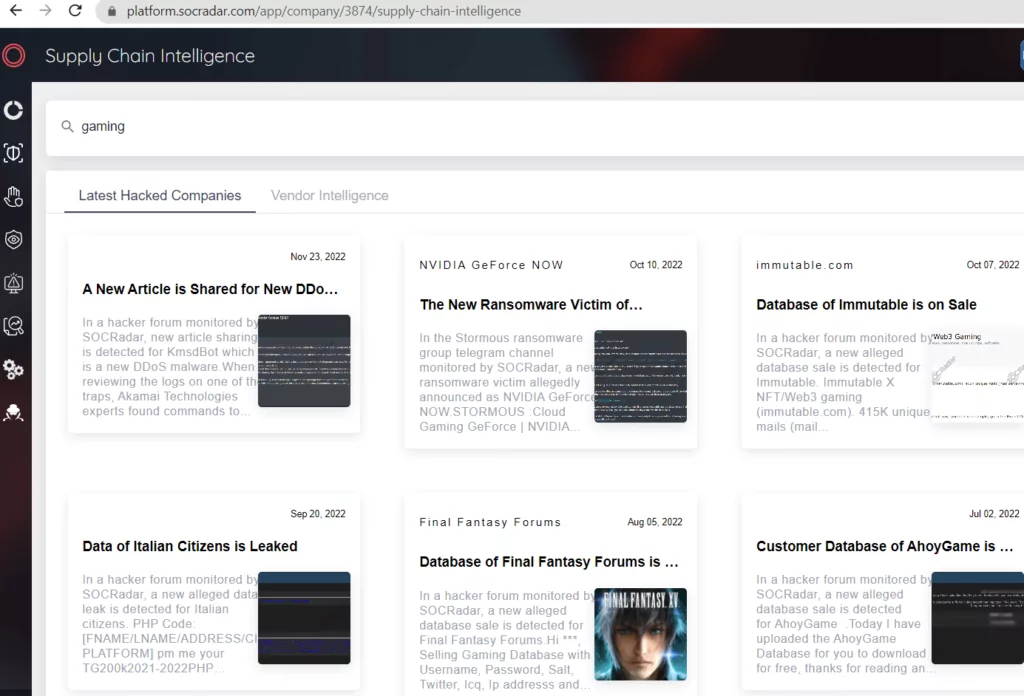 Latest intelligence related to the gaming industry from SOCRadar XTI Platform