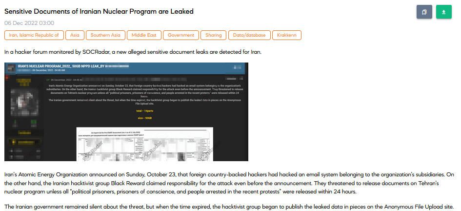 On 6 December, a vast Iranian nuclear program database leaked via a forum post. The