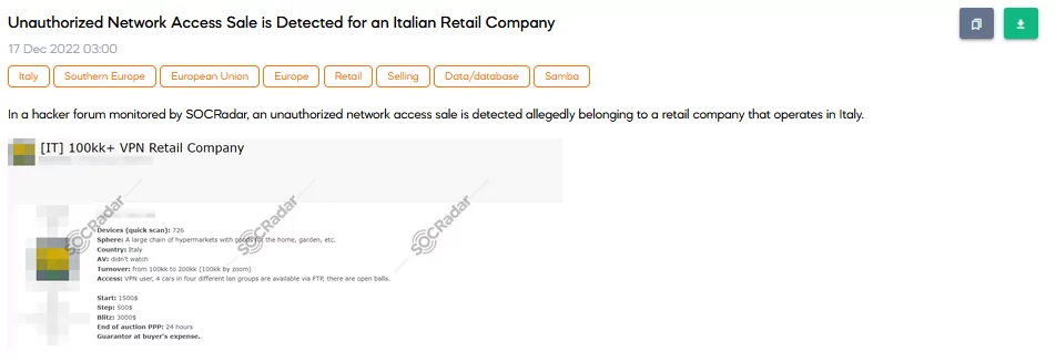 On 15 December SOCRadar Dark Web team found a forum post about unauthorized VPN user