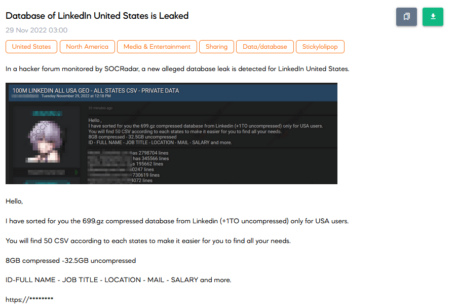 SOCRadar found a post about a LinkedIn database that includes U.S. users on 29 November.