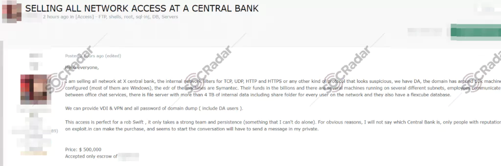 A forum post about selling network access to an unnamed Central Bank