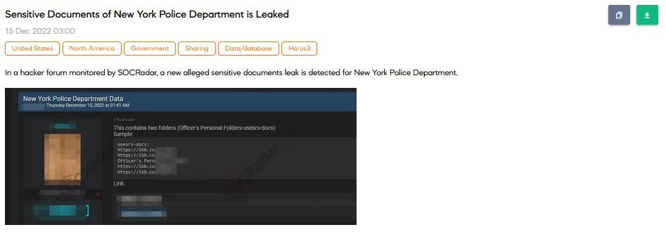 SOCRadar Dark Web team found that some documents of the New York Police Department leaked